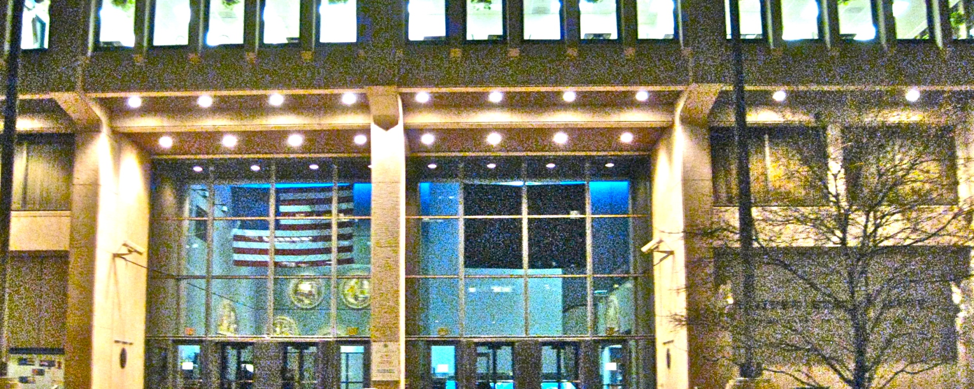 exterior of US Mint, at night, Philadelphia